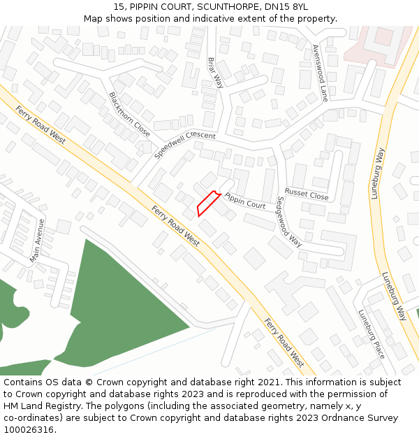 15, PIPPIN COURT, SCUNTHORPE, DN15 8YL: Location map and indicative extent of plot