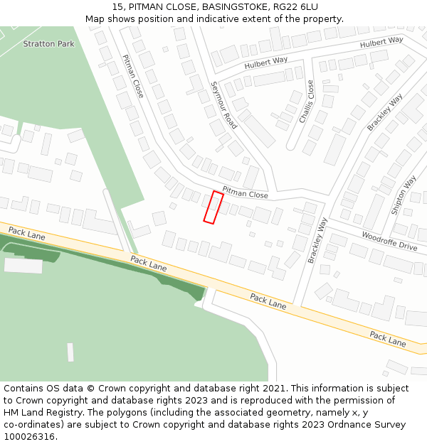 15, PITMAN CLOSE, BASINGSTOKE, RG22 6LU: Location map and indicative extent of plot