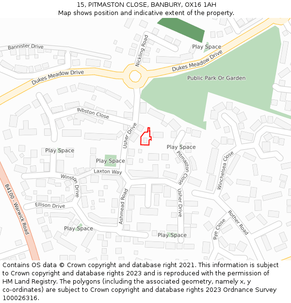 15, PITMASTON CLOSE, BANBURY, OX16 1AH: Location map and indicative extent of plot