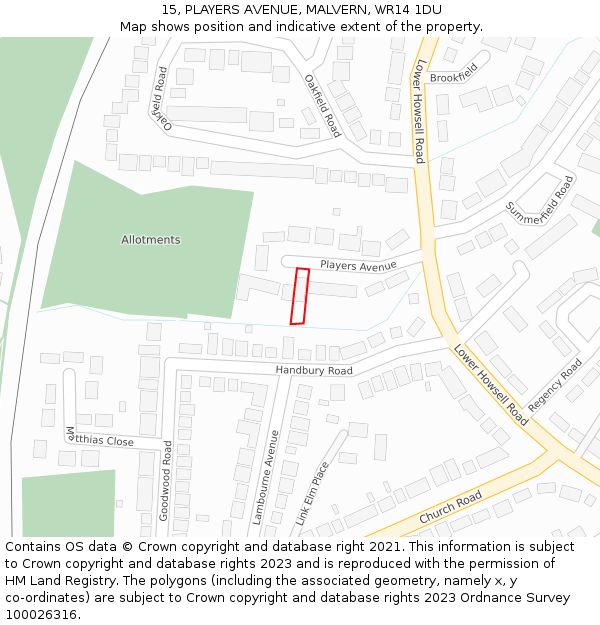 15, PLAYERS AVENUE, MALVERN, WR14 1DU: Location map and indicative extent of plot