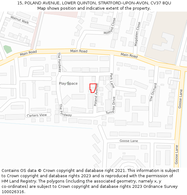 15, POLAND AVENUE, LOWER QUINTON, STRATFORD-UPON-AVON, CV37 8QU: Location map and indicative extent of plot