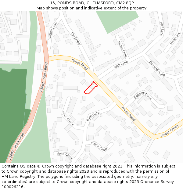 15, PONDS ROAD, CHELMSFORD, CM2 8QP: Location map and indicative extent of plot