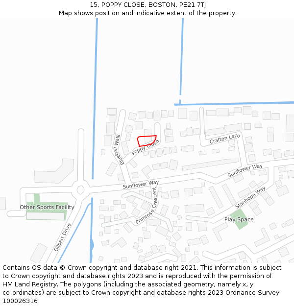 15, POPPY CLOSE, BOSTON, PE21 7TJ: Location map and indicative extent of plot