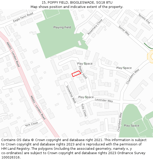 15, POPPY FIELD, BIGGLESWADE, SG18 8TU: Location map and indicative extent of plot