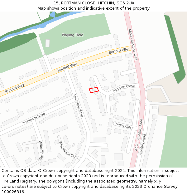 15, PORTMAN CLOSE, HITCHIN, SG5 2UX: Location map and indicative extent of plot