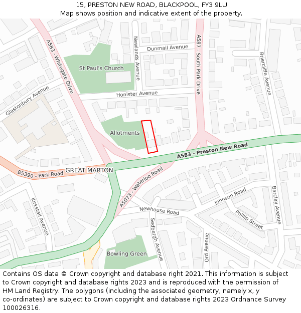 15, PRESTON NEW ROAD, BLACKPOOL, FY3 9LU: Location map and indicative extent of plot