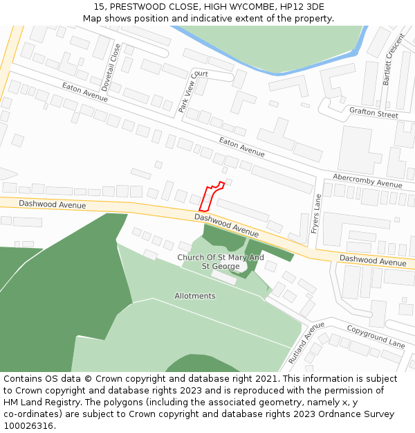 15, PRESTWOOD CLOSE, HIGH WYCOMBE, HP12 3DE: Location map and indicative extent of plot