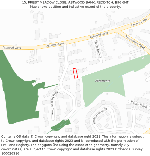 15, PRIEST MEADOW CLOSE, ASTWOOD BANK, REDDITCH, B96 6HT: Location map and indicative extent of plot