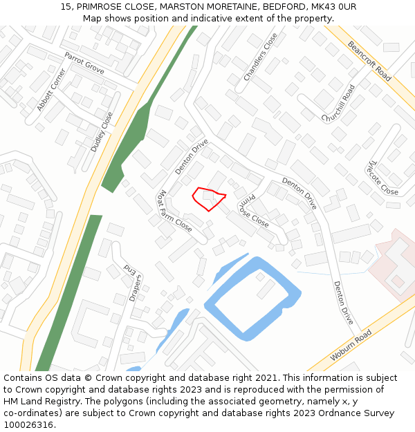 15, PRIMROSE CLOSE, MARSTON MORETAINE, BEDFORD, MK43 0UR: Location map and indicative extent of plot