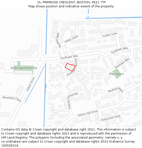 15, PRIMROSE CRESCENT, BOSTON, PE21 7TP: Location map and indicative extent of plot