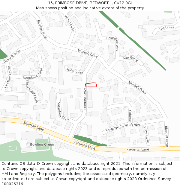 15, PRIMROSE DRIVE, BEDWORTH, CV12 0GL: Location map and indicative extent of plot