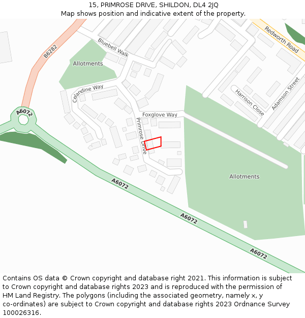 15, PRIMROSE DRIVE, SHILDON, DL4 2JQ: Location map and indicative extent of plot