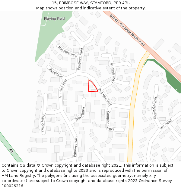 15, PRIMROSE WAY, STAMFORD, PE9 4BU: Location map and indicative extent of plot