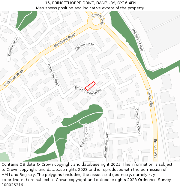 15, PRINCETHORPE DRIVE, BANBURY, OX16 4FN: Location map and indicative extent of plot