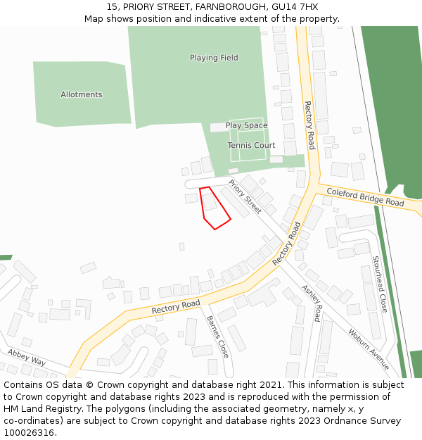 15, PRIORY STREET, FARNBOROUGH, GU14 7HX: Location map and indicative extent of plot