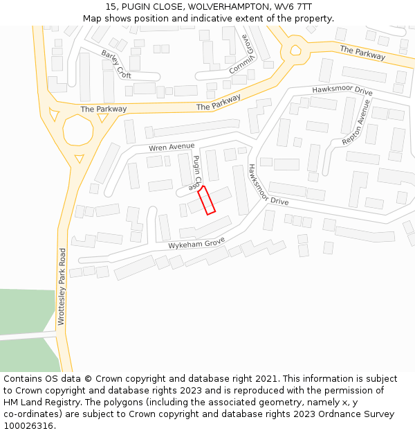 15, PUGIN CLOSE, WOLVERHAMPTON, WV6 7TT: Location map and indicative extent of plot