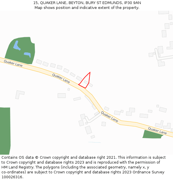 15, QUAKER LANE, BEYTON, BURY ST EDMUNDS, IP30 9AN: Location map and indicative extent of plot