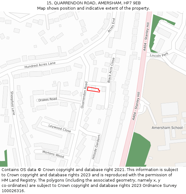 15, QUARRENDON ROAD, AMERSHAM, HP7 9EB: Location map and indicative extent of plot