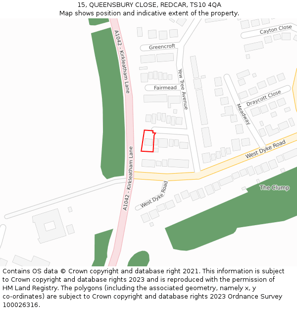 15, QUEENSBURY CLOSE, REDCAR, TS10 4QA: Location map and indicative extent of plot