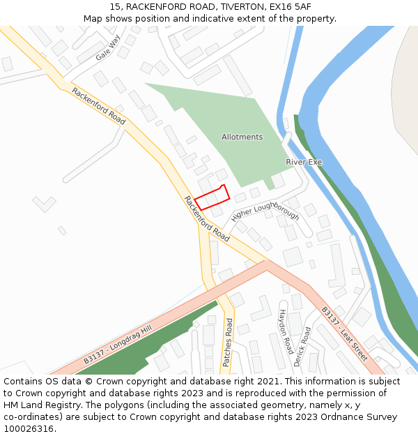 15, RACKENFORD ROAD, TIVERTON, EX16 5AF: Location map and indicative extent of plot