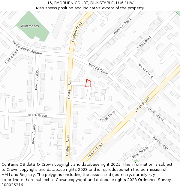 15, RADBURN COURT, DUNSTABLE, LU6 1HW: Location map and indicative extent of plot