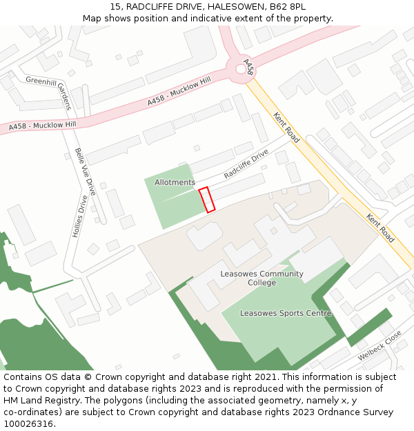 15, RADCLIFFE DRIVE, HALESOWEN, B62 8PL: Location map and indicative extent of plot