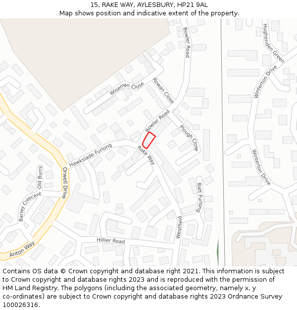 15, RAKE WAY, AYLESBURY, HP21 9AL: Location map and indicative extent of plot