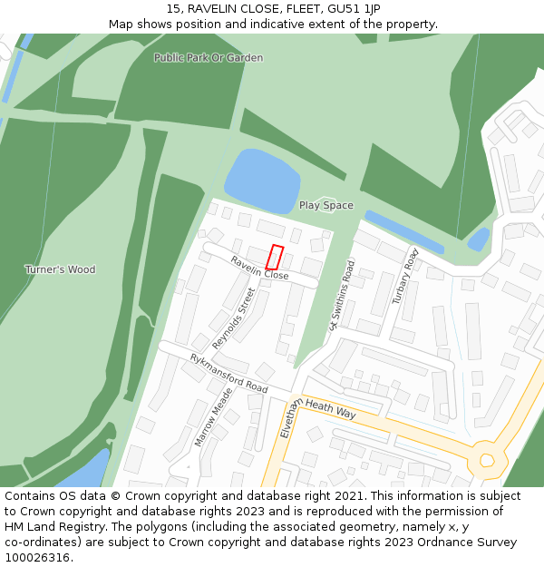 15, RAVELIN CLOSE, FLEET, GU51 1JP: Location map and indicative extent of plot