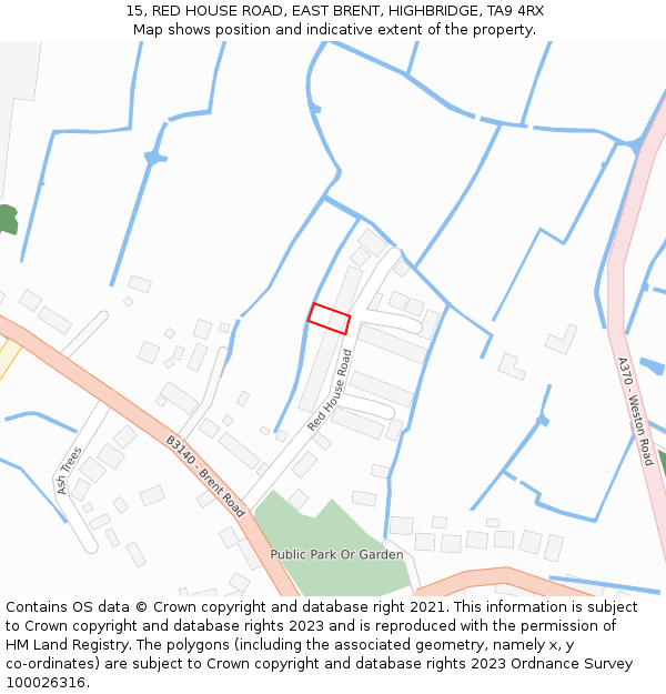 15, RED HOUSE ROAD, EAST BRENT, HIGHBRIDGE, TA9 4RX: Location map and indicative extent of plot