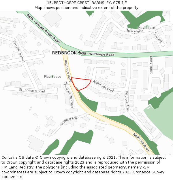 15, REDTHORPE CREST, BARNSLEY, S75 1JE: Location map and indicative extent of plot