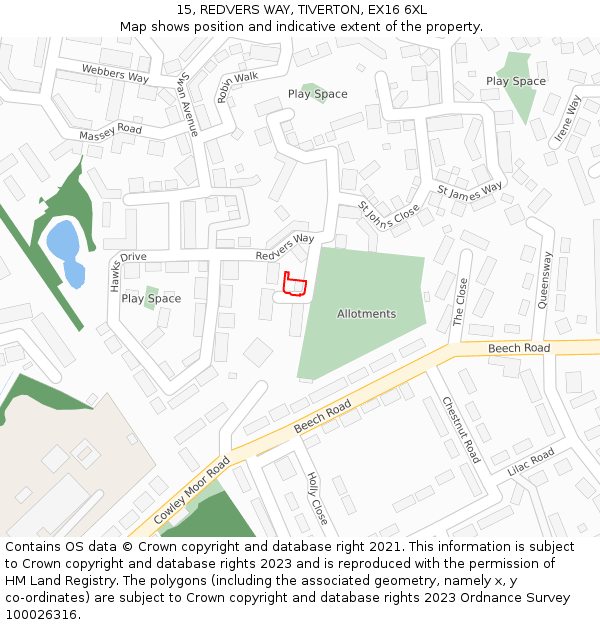 15, REDVERS WAY, TIVERTON, EX16 6XL: Location map and indicative extent of plot