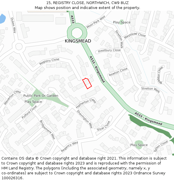 15, REGISTRY CLOSE, NORTHWICH, CW9 8UZ: Location map and indicative extent of plot