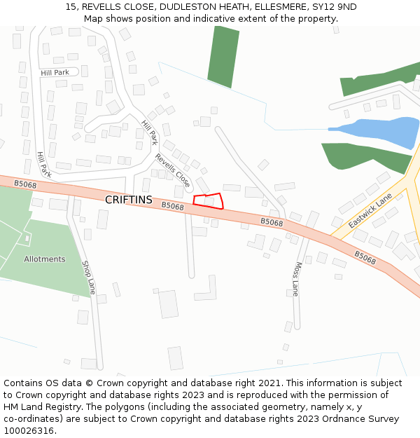 15, REVELLS CLOSE, DUDLESTON HEATH, ELLESMERE, SY12 9ND: Location map and indicative extent of plot