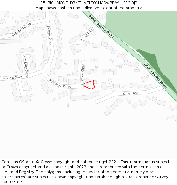 15, RICHMOND DRIVE, MELTON MOWBRAY, LE13 0JP: Location map and indicative extent of plot