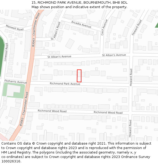 15, RICHMOND PARK AVENUE, BOURNEMOUTH, BH8 9DL: Location map and indicative extent of plot