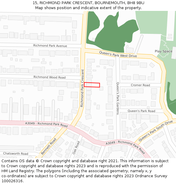 15, RICHMOND PARK CRESCENT, BOURNEMOUTH, BH8 9BU: Location map and indicative extent of plot