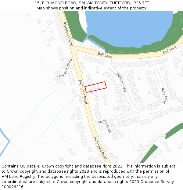 15, RICHMOND ROAD, SAHAM TONEY, THETFORD, IP25 7ET: Location map and indicative extent of plot