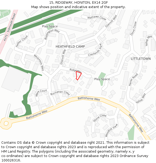 15, RIDGEWAY, HONITON, EX14 2GF: Location map and indicative extent of plot
