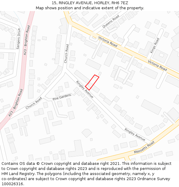 15, RINGLEY AVENUE, HORLEY, RH6 7EZ: Location map and indicative extent of plot