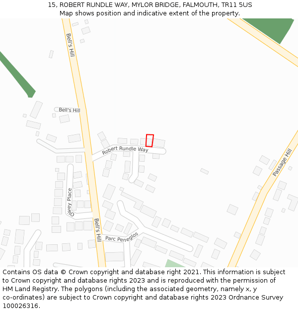 15, ROBERT RUNDLE WAY, MYLOR BRIDGE, FALMOUTH, TR11 5US: Location map and indicative extent of plot