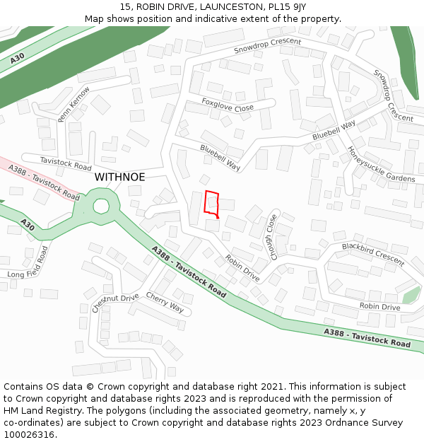 15, ROBIN DRIVE, LAUNCESTON, PL15 9JY: Location map and indicative extent of plot