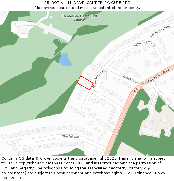 15, ROBIN HILL DRIVE, CAMBERLEY, GU15 1EG: Location map and indicative extent of plot