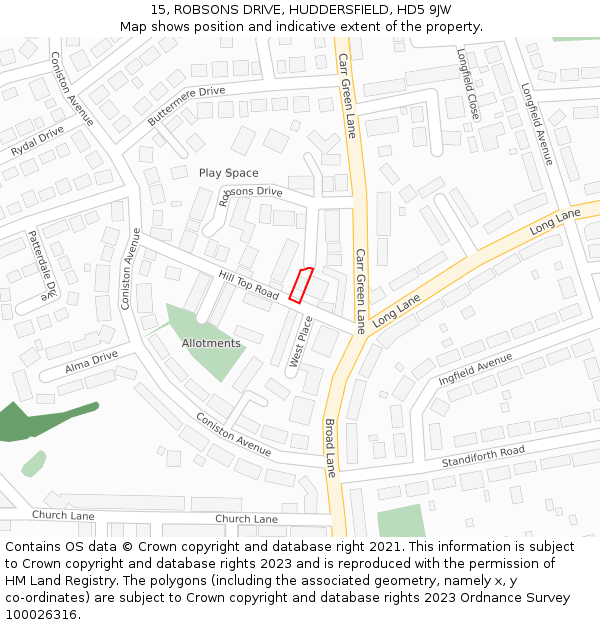 15, ROBSONS DRIVE, HUDDERSFIELD, HD5 9JW: Location map and indicative extent of plot