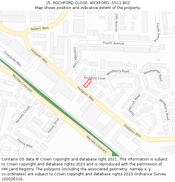 15, ROCHFORD CLOSE, WICKFORD, SS11 8XZ: Location map and indicative extent of plot