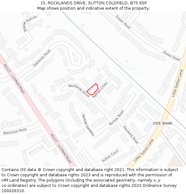 15, ROCKLANDS DRIVE, SUTTON COLDFIELD, B75 6SP: Location map and indicative extent of plot