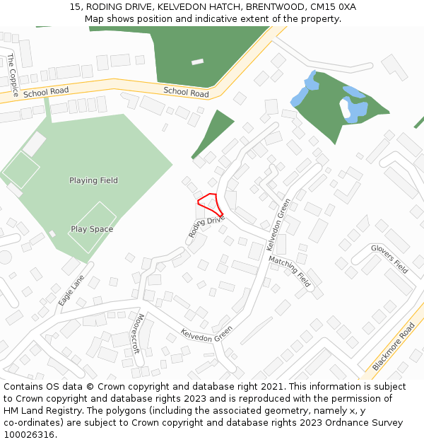 15, RODING DRIVE, KELVEDON HATCH, BRENTWOOD, CM15 0XA: Location map and indicative extent of plot