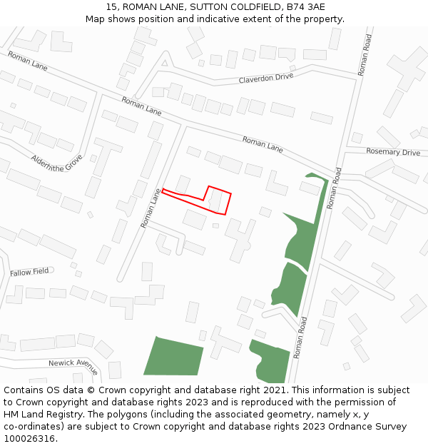 15, ROMAN LANE, SUTTON COLDFIELD, B74 3AE: Location map and indicative extent of plot