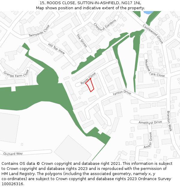 15, ROODS CLOSE, SUTTON-IN-ASHFIELD, NG17 1NL: Location map and indicative extent of plot