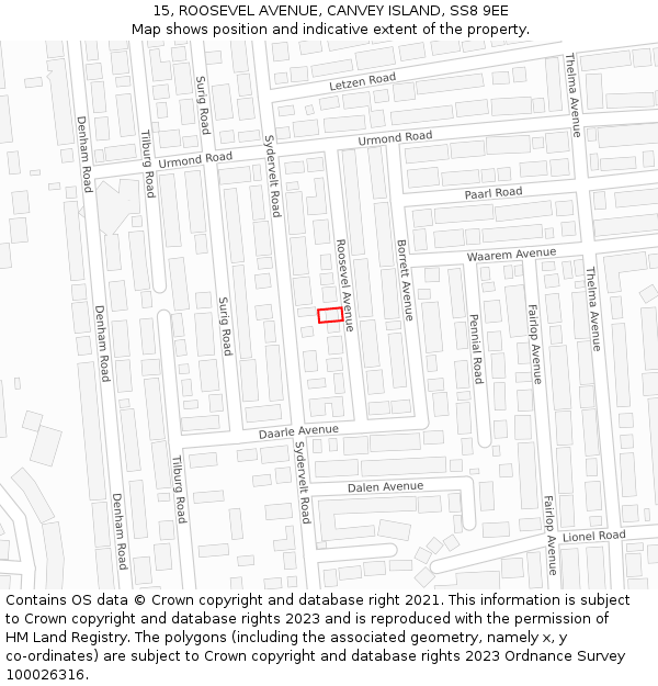 15, ROOSEVEL AVENUE, CANVEY ISLAND, SS8 9EE: Location map and indicative extent of plot