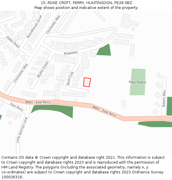 15, ROSE CROFT, PERRY, HUNTINGDON, PE28 0BZ: Location map and indicative extent of plot